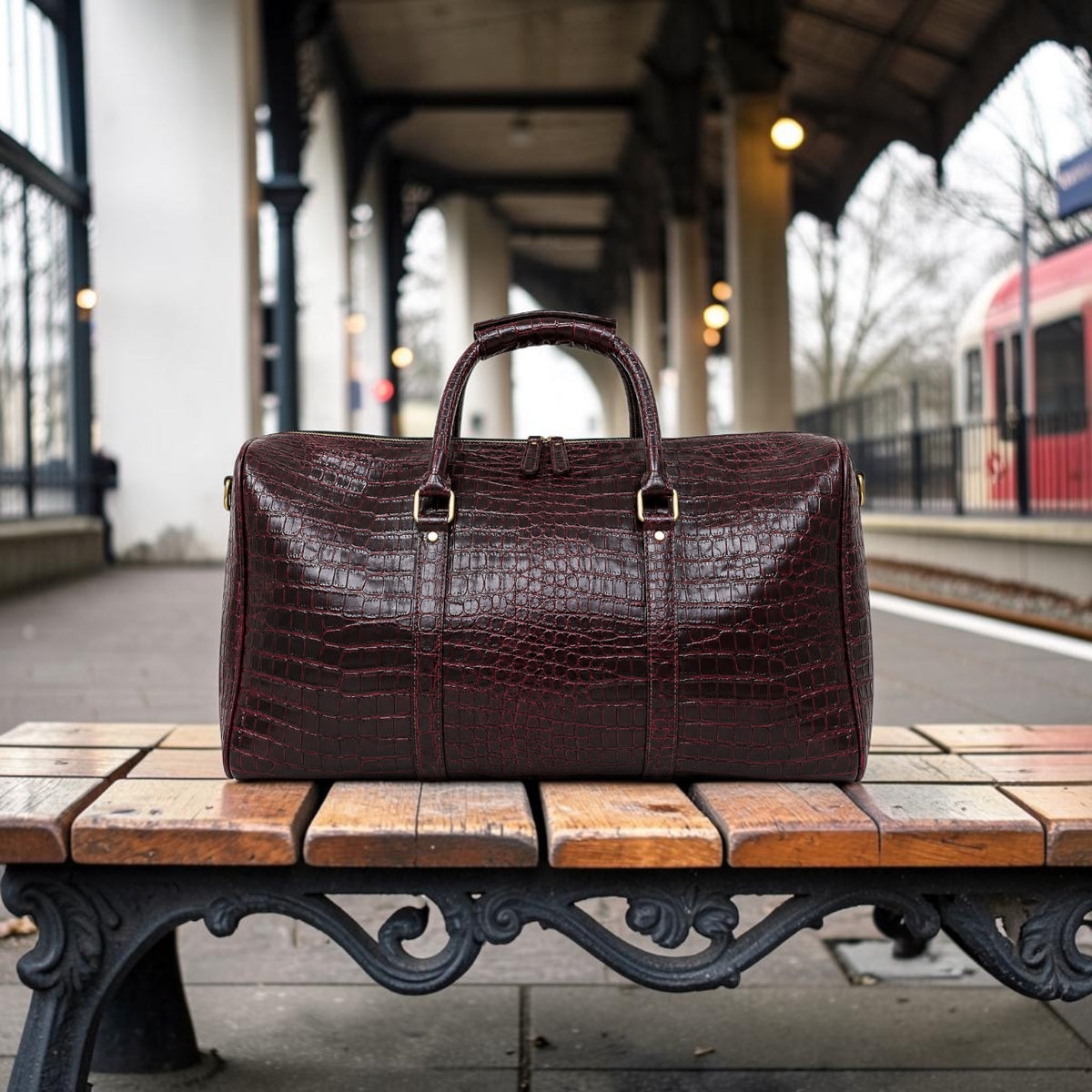Crocodile Embossed Leather Duffle Bag - Burgundy